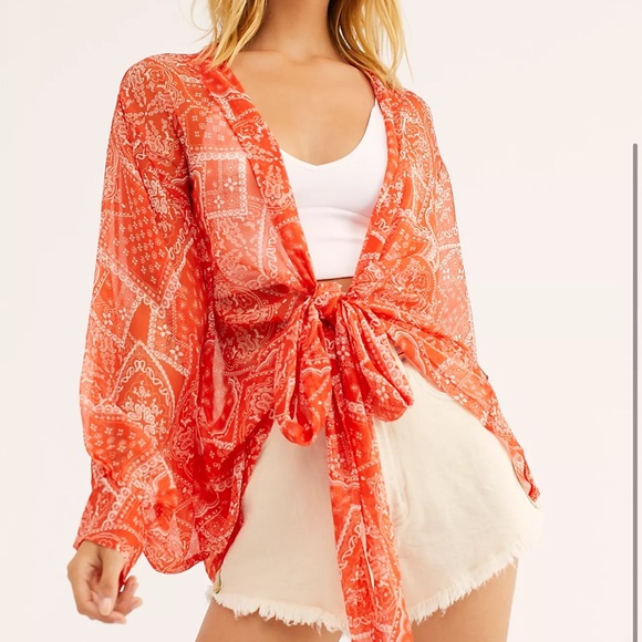 Free People Other - Free People Golden Hour Tie Front Kimono Orange Bandanna Print Sheer Dolman-OS